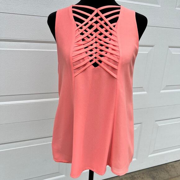 NAKED ZEBRA, criss cross strap tank top, coral sheer with lining. Women's size M - Picture 2 of 9